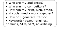 Who are my audiences?, Who are my competitors?, How can my print, web, email, and media work together?, How do I generate traffic?  , Keywords: search engines, domains, SEO, SEM, advertising