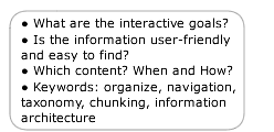 What are the interactive goals?, Is the information user-friendly and easy to find?, Which content? When and How?, Keywords: organize, navigation, taxonomy, chunking, information architecture